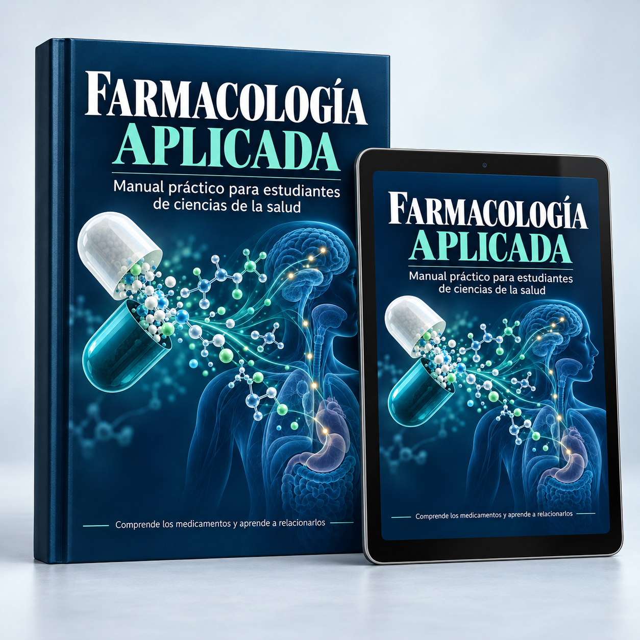Manual Farmacología Aplicada en libro y tablet